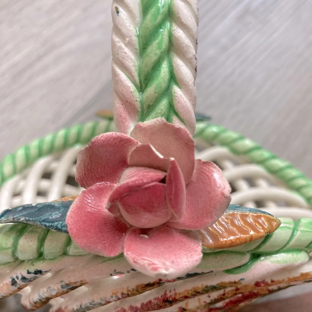Porcelain Woven Basket Accent Decor Rose and Flowers Cottagecore Vintage Dainty